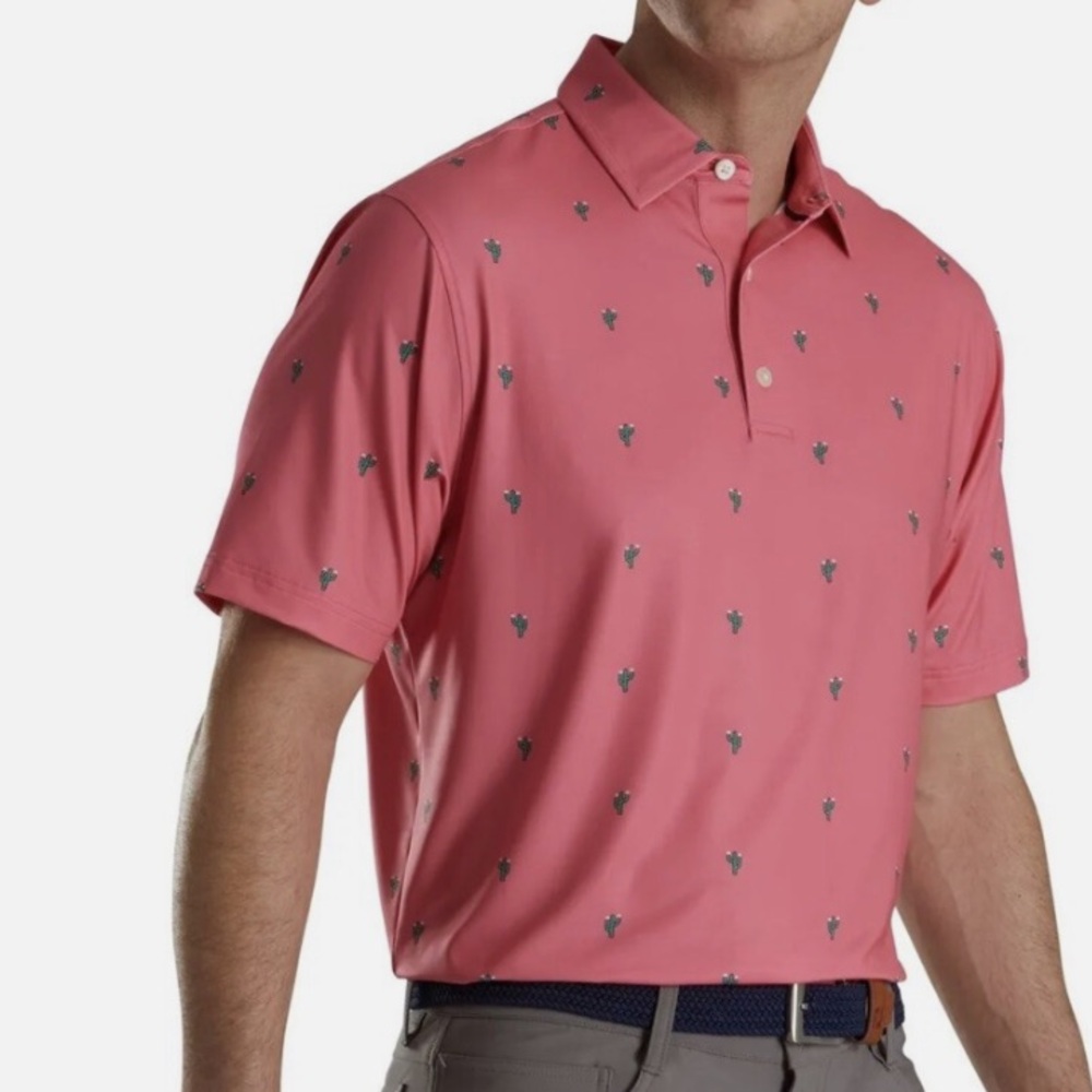 FOOTJOY CACTUS PRINT LISLE POLO GOLF SHIRT Green Cactus Print WATERMELON - Large
